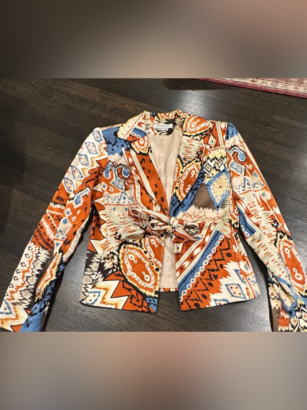 Kay Unger Orange Blue Multi-Pattern Tie-Waist Blazer s/m